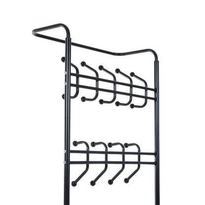 18 Hook Metal Frame Hallway Coat Hanger W/ 3 Tier Shoe Storage Black