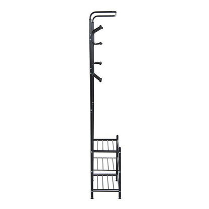 18 Hook Metal Frame Hallway Coat Hanger W/ 3 Tier Shoe Storage Black