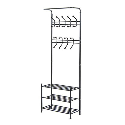 18 Hook Metal Frame Hallway Coat Hanger W/ 3 Tier Shoe Storage Black