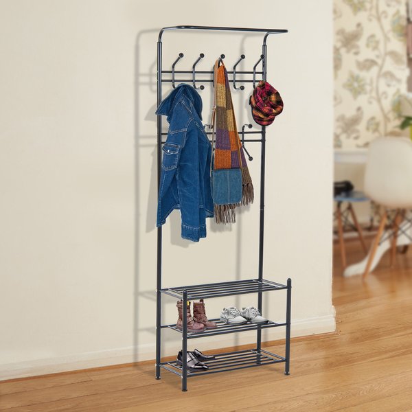 18 Hook Metal Frame Hallway Coat Hanger W/ 3 Tier Shoe Storage Black