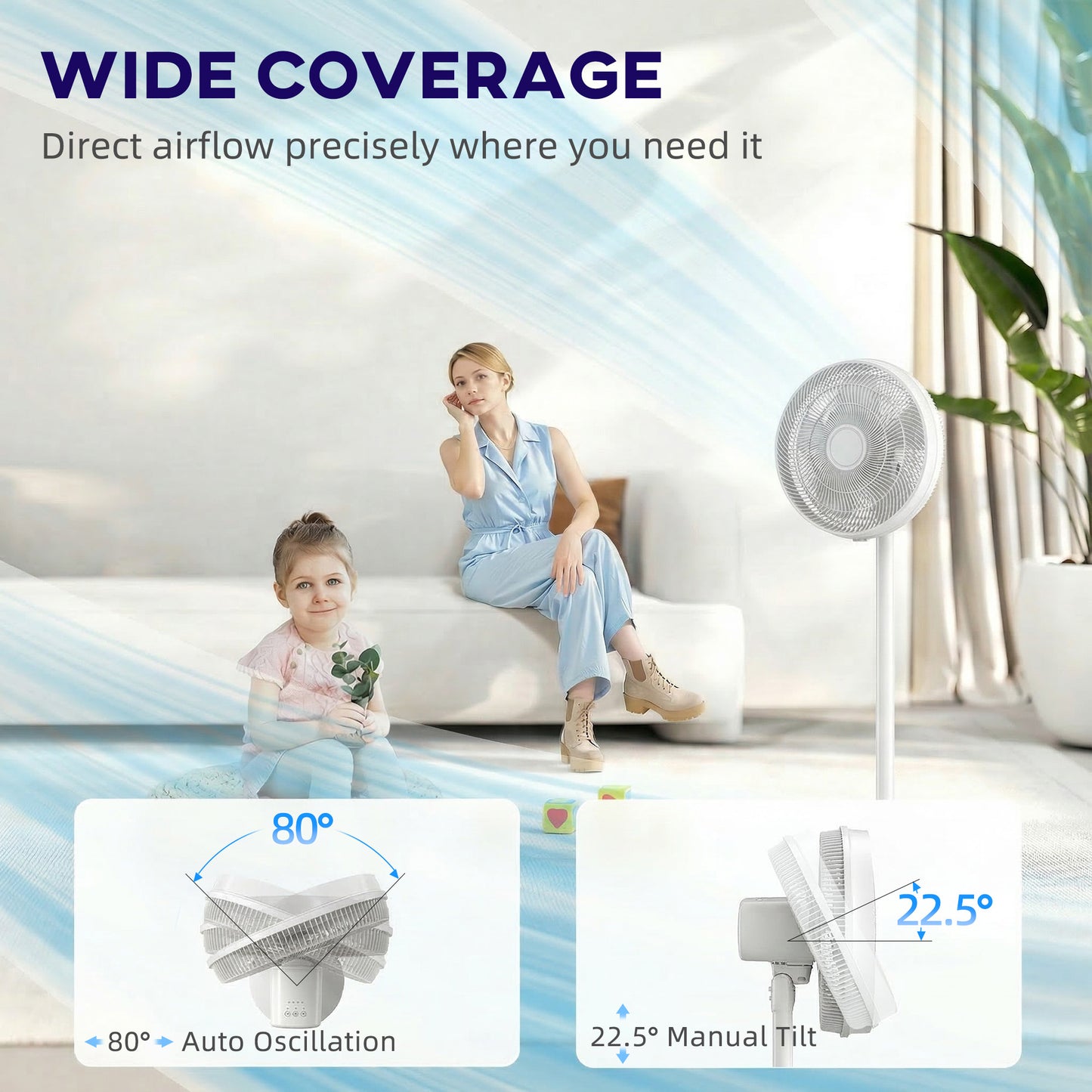 HOMCOM 40 cm Standing Fan, Cooling Floor Fan with 80Â° Oscillating, Adjustable Tilt and Height, 4 Speed, Remote Control, White
