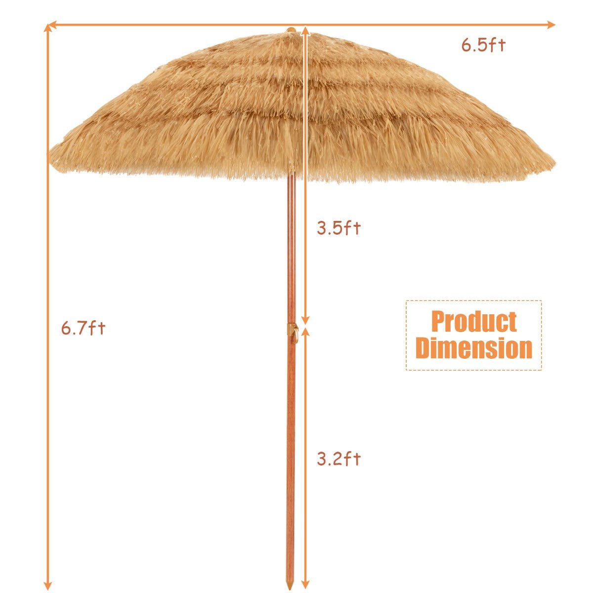 1.8m Portable Thatched Tiki Beach Umbrella with Adjustable Tilt - Furniture Gold