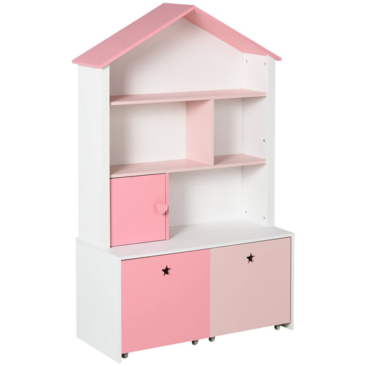 HOMCOM Dziecięca półka na książki z szufladą na kółkach, organizer na zabawki dla dzieci, stojak ekspozycyjny, szafka do przechowywania, 80x34x130cm, różowa