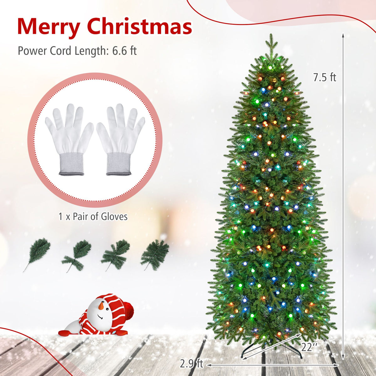 190 CM Prelit Pencil Christmas Tree with 719 Branch Tips and 220 Lights-M