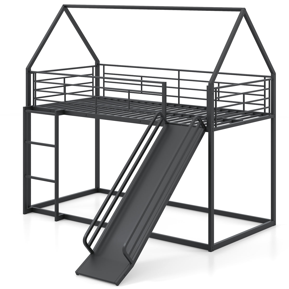 House Bunk Bed with Slide and Safety Guardrail Ladder in Black