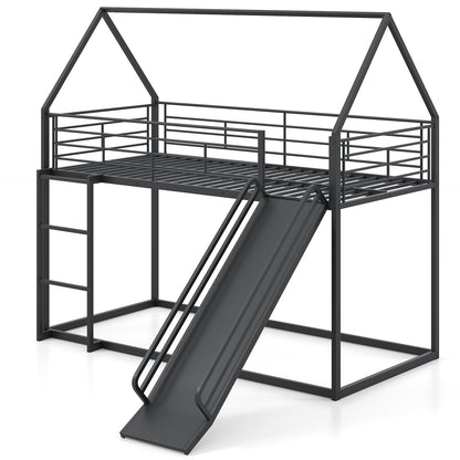 House Bunk Bed with Slide and Safety Guardrail Ladder in Black