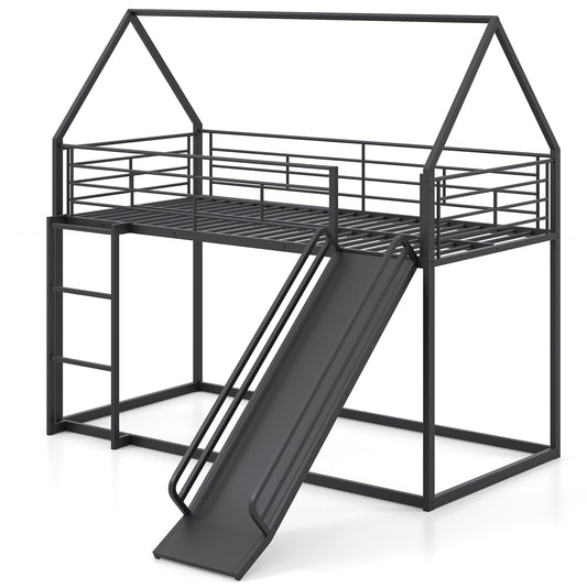 House Bunk Bed with Slide and Safety Guardrail Ladder in Black