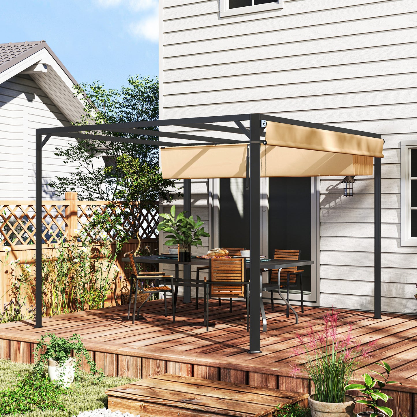 Pergola aluminiowa Outsunny 3 x 3 m z rozsuwanym dachem i ścianą w kolorze khaki