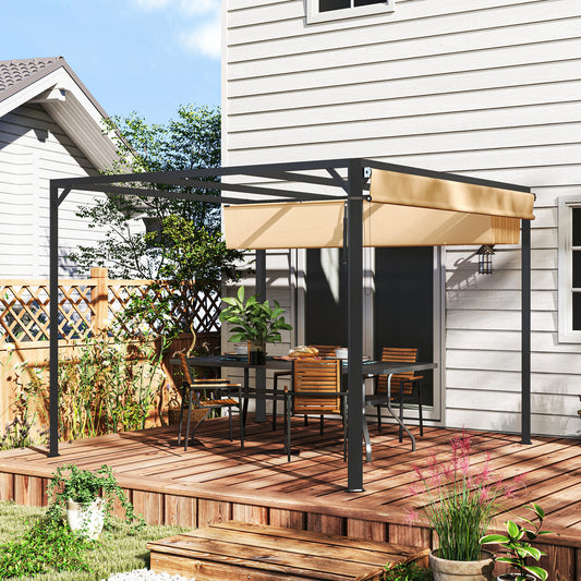 Pergola aluminiowa Outsunny 3 x 3 m z rozsuwanym dachem i ścianą w kolorze khaki