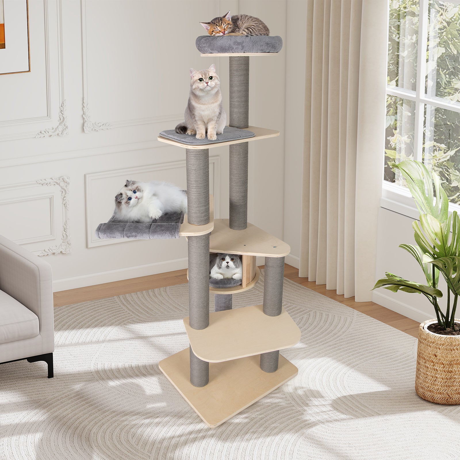 197 CM Tall Cat Tree with Comfy Padded Top Perch-Grey