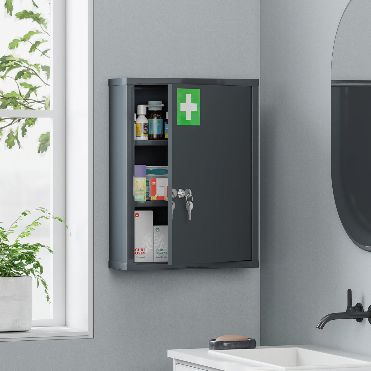 kleankin Locking Medicine Cabinet, First Aid Cabinet with Storage Shelves, with Lock and 2 Keys 53.5 x 40 x 15 cm, Smoke Grey