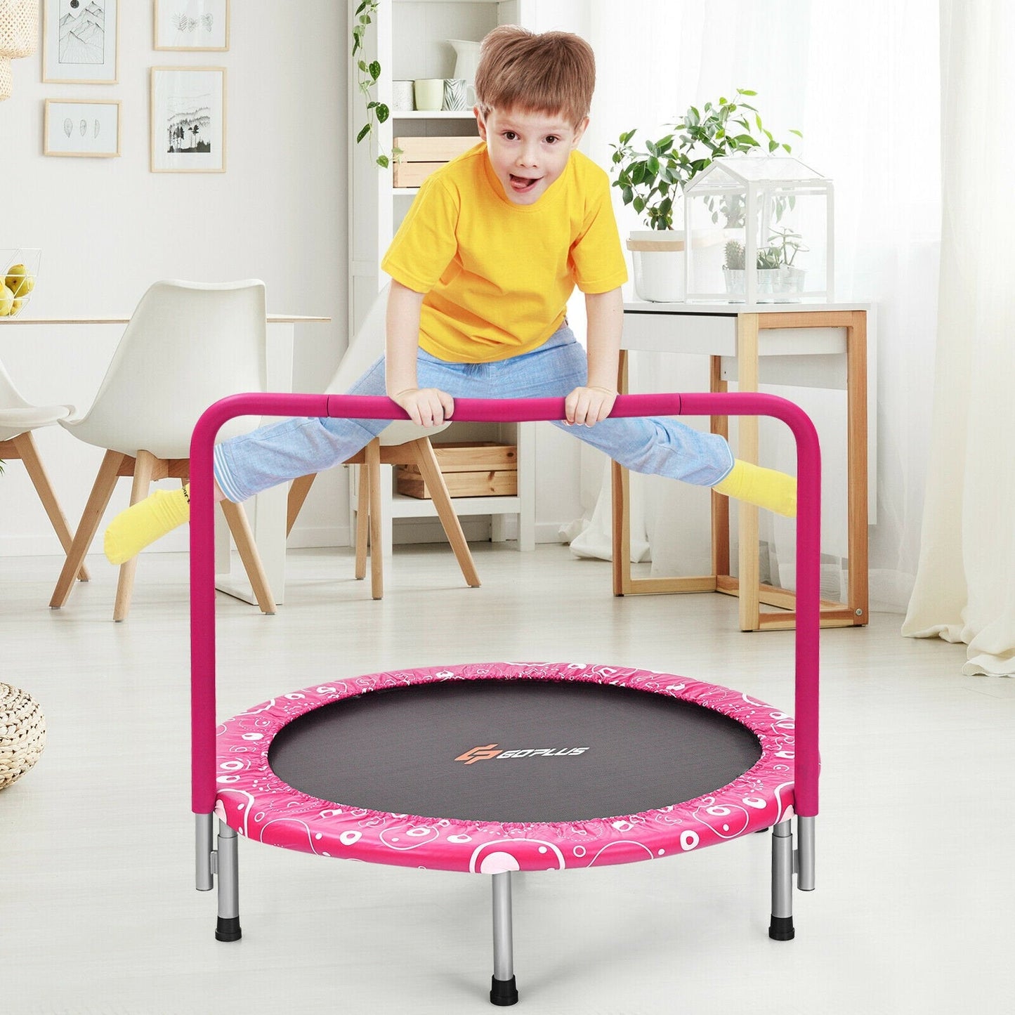 Child's Folding Trampoline with Padded Edge Cover and Full Covered Handle-Pink