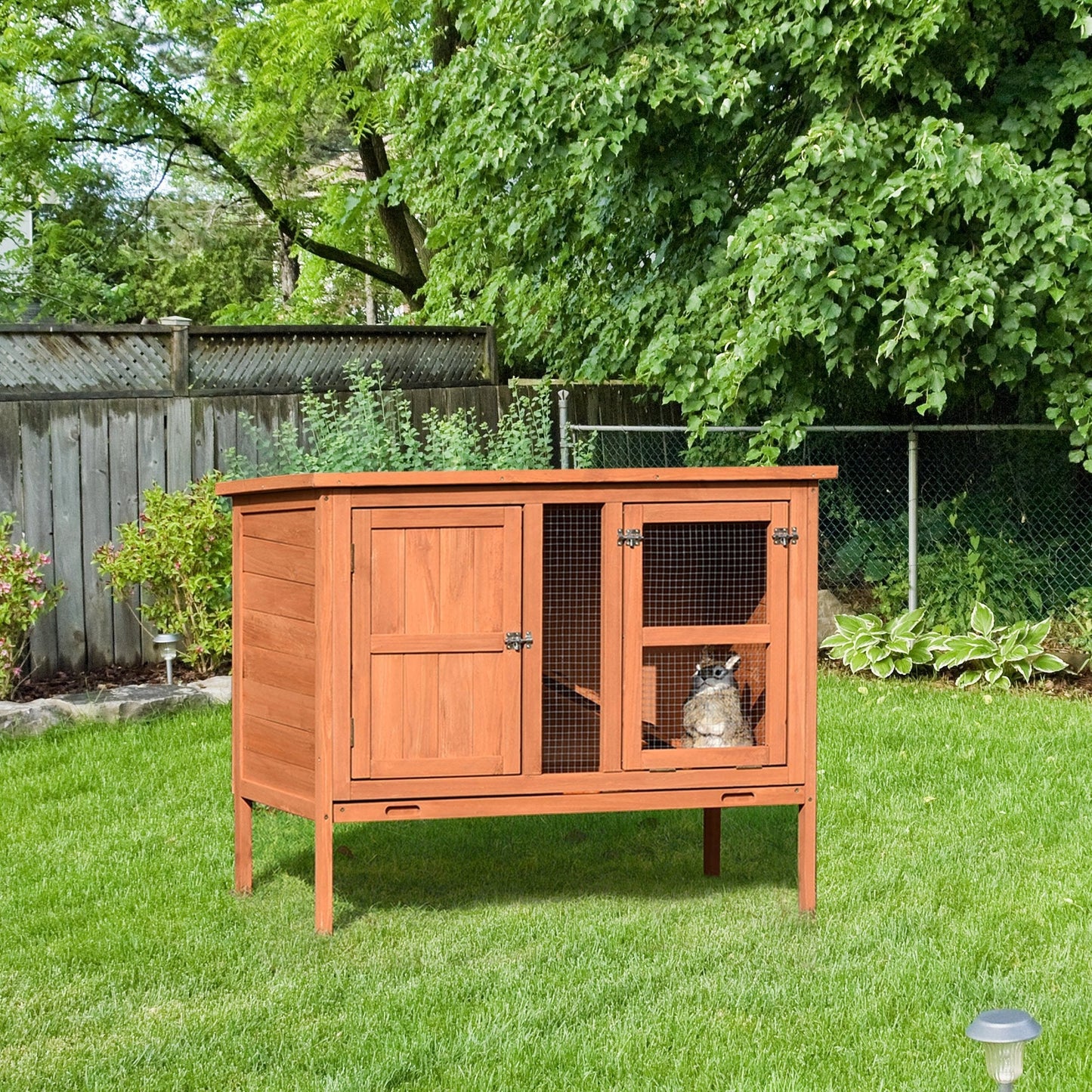 PawHut Wooden Rabbit Hutch Elevated Pet Bunny House with Slide-Out Tray Openable Roof