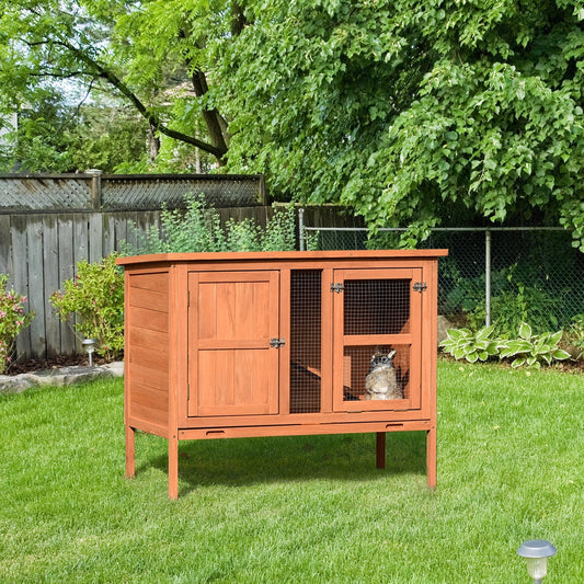 PawHut Wooden Rabbit Hutch Elevated Pet Bunny House with Slide-Out Tray Openable Roof