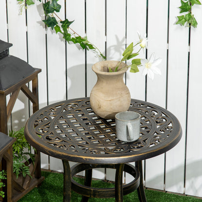 Outsunny Industrial Garden Side Table, Round Hollow Top Design Patio End Table with Cast Aluminum Frame, Bronze