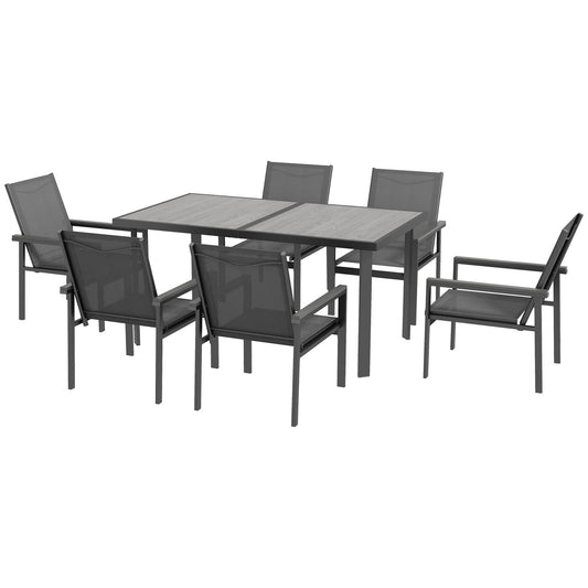 7 Piece Garden Dining Set With Glass Top Table For Outdoor, 6 Breathable Armchairs Mesh Fabric Seats Wood-plastic Composite Armrests Top, Grey