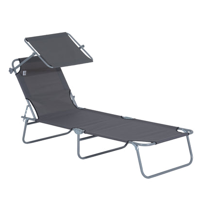 Outsunny Outdoor Foldable Sun Lounger, 4 Level Adjustable Backrest Reclining Sun Lounger Chair with Angle Adjust Sun Shade Awning for Beach, Garden, Patio, Grey