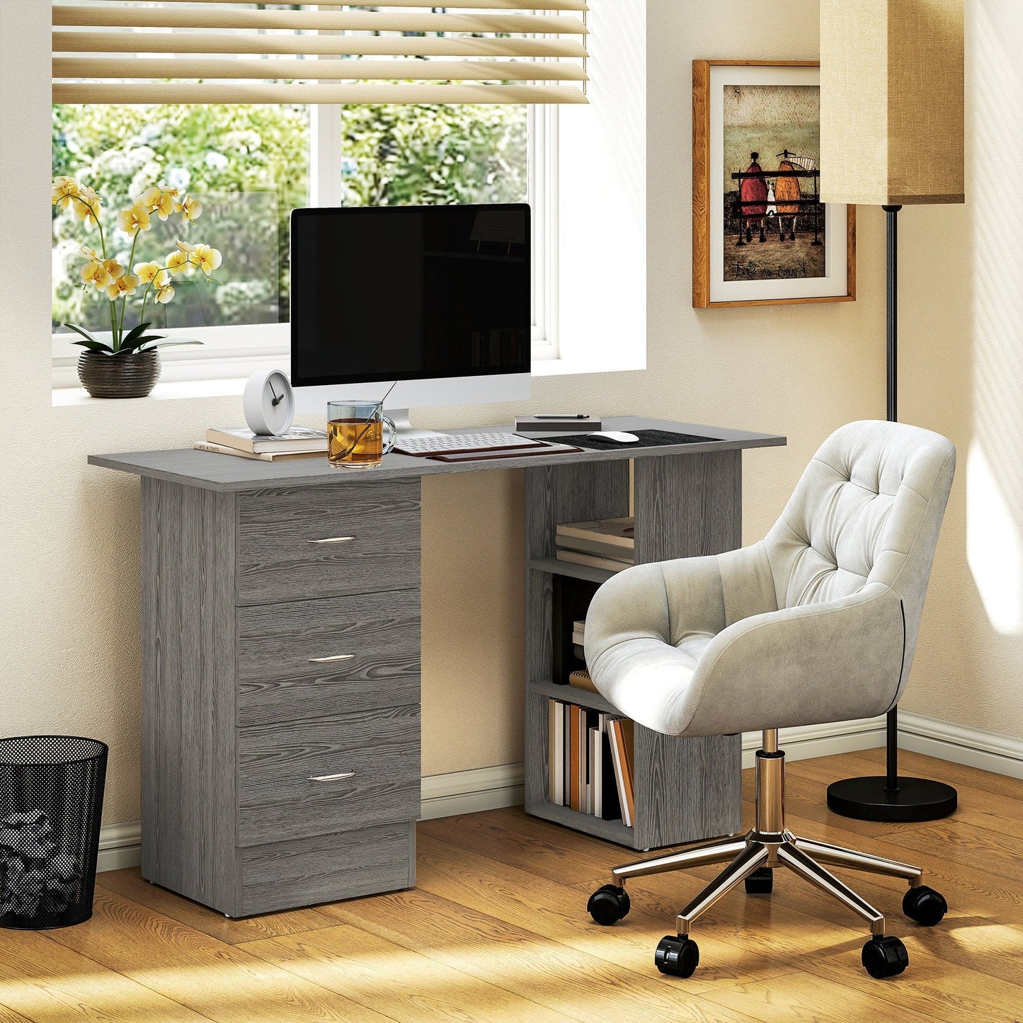 HOMCOM Computer Desk, Writing Table, PC Workstation with 3 Storage Shelves and Drawers, Silver Handle, for Home Office, Grey