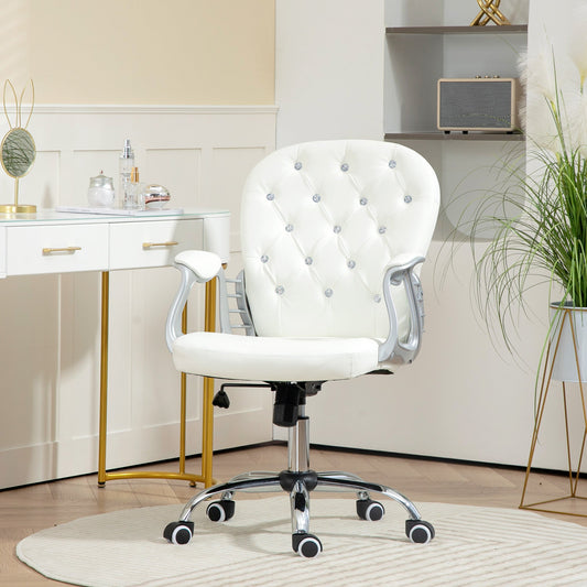Krzesło biurowe Vinsetto, ergonomiczne, obrotowe, 360°, z wyściełaną podstawą z PU i diamentami, z 5 kółkami do pracy w domu, białe