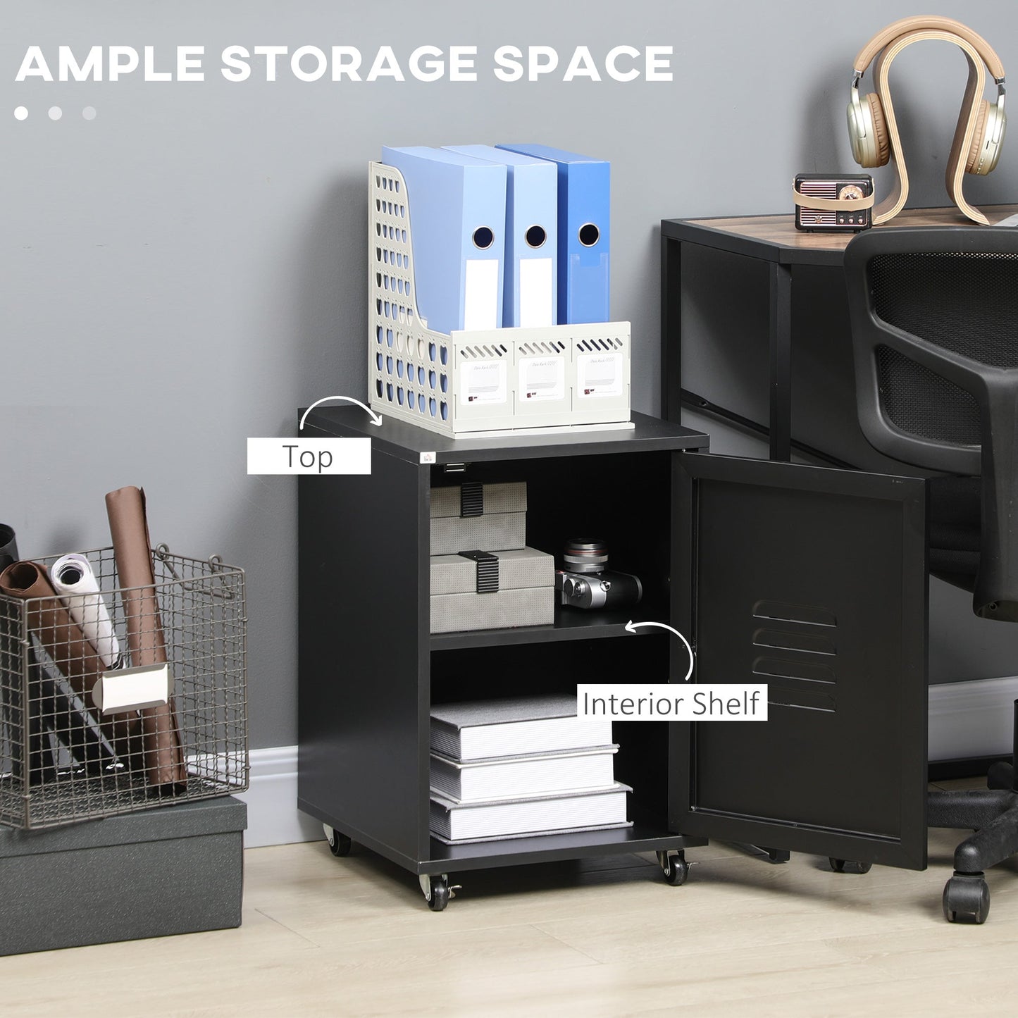 HOMCOM Rolling Metal Storage Locker Cabinet, Industrial Mobile Lockable Cabinet with Adjustable Shelf and Wheels for Home Office Living Room, Black