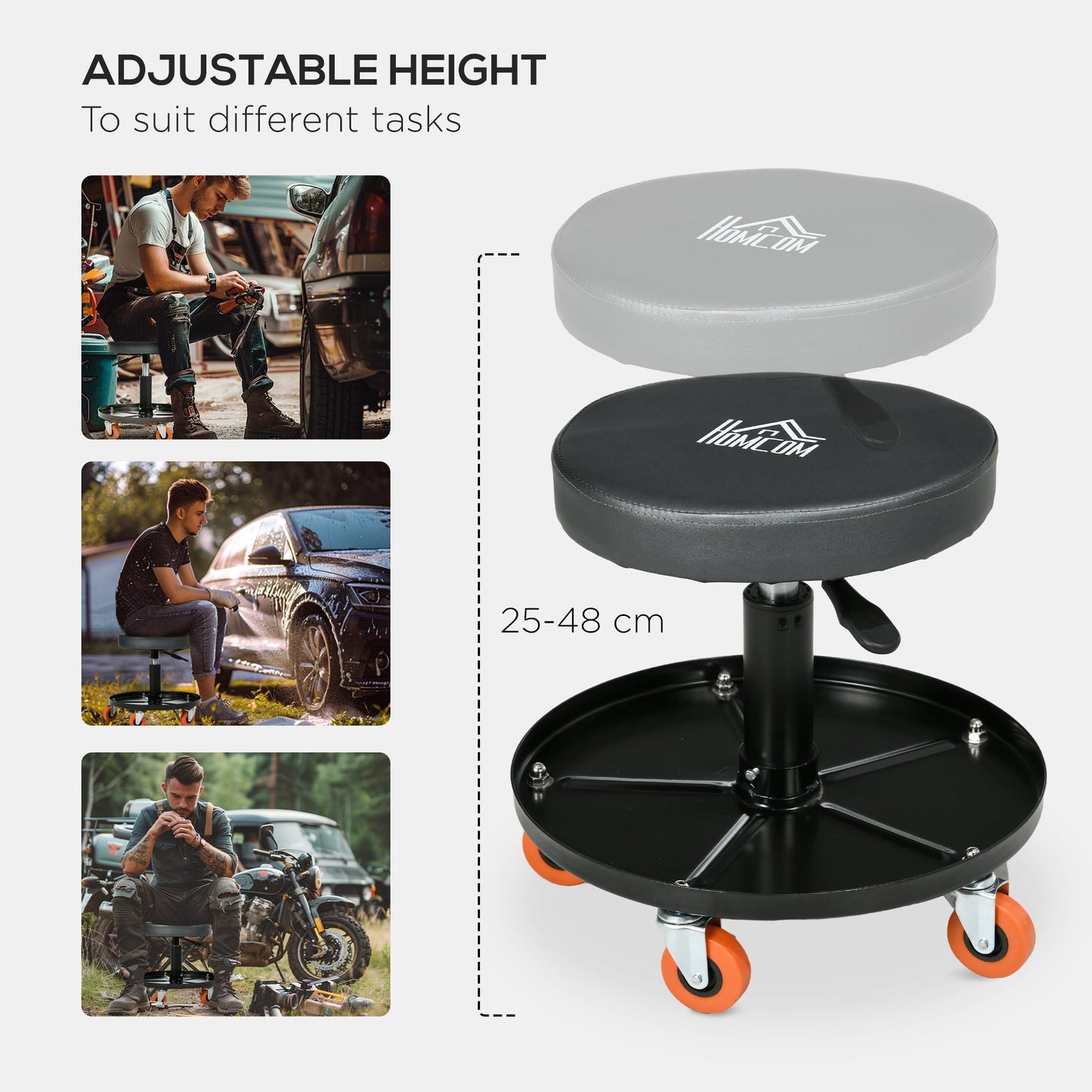 Workshop Stool Pneumatic Adjustable Height, Rolling Mechanic Stool W/ 360 Degree Swivel Padded Seat and Tool Tray,  Garage, Workshop, Auto Repair