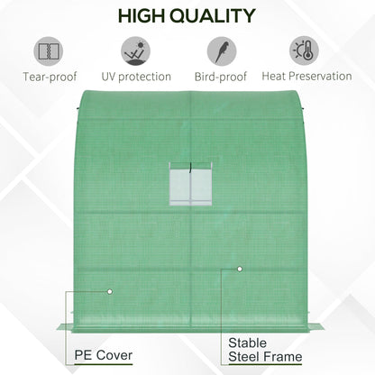 Outsunny Walk-In Lean to Wall Szklarnia z Oknami i Drzwiami, Zewnętrzna Szklarnia z 3 Poziomami 4 Półkami Drucianymi, 200L x 100W x 215Hcm, Zielony