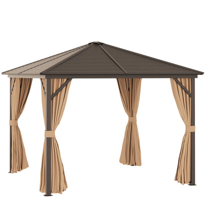 Outsunny 3 x 3 m Hardtop Gazebo with Netting and Curtains, Garden Gazebo Canopy Shelter with Metal Roof, Aluminium Frame, for Garden, Lawn, Deck, Brown