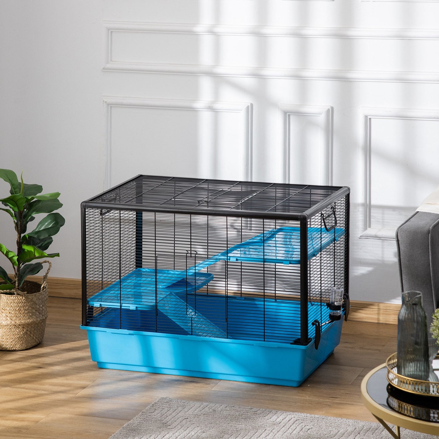 PawHut Indoor Small Animal Cage Habitat for Guinea Pigs Hamsters Chinchillas With Accessories, 80x48x58 cm, Light Blue