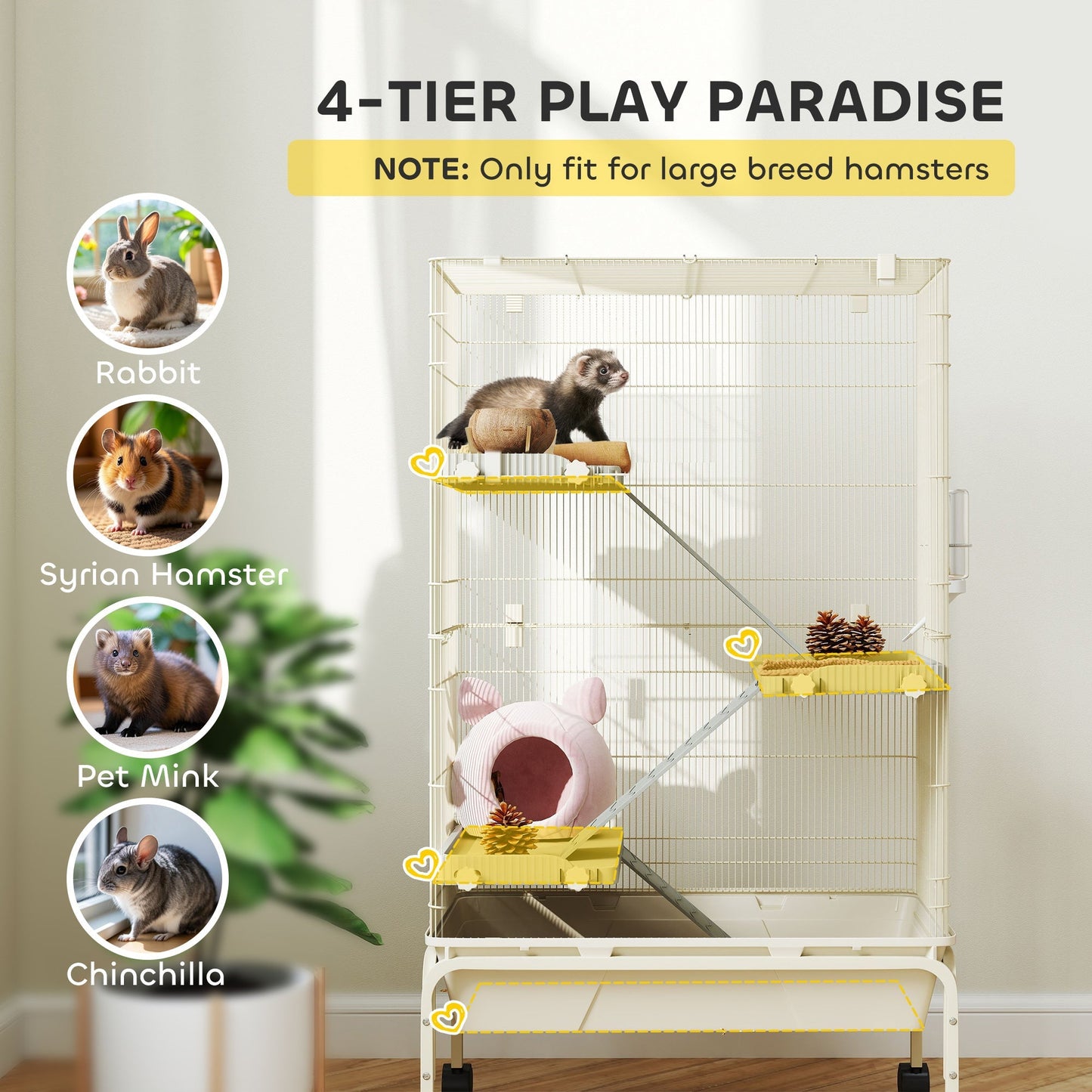 PawHut 4-Level Rolling Small Animal Cage, Rabbit Cage with 3 Ramps, Water Bottle, Food Dish, 15cm Deep Tray, Beige