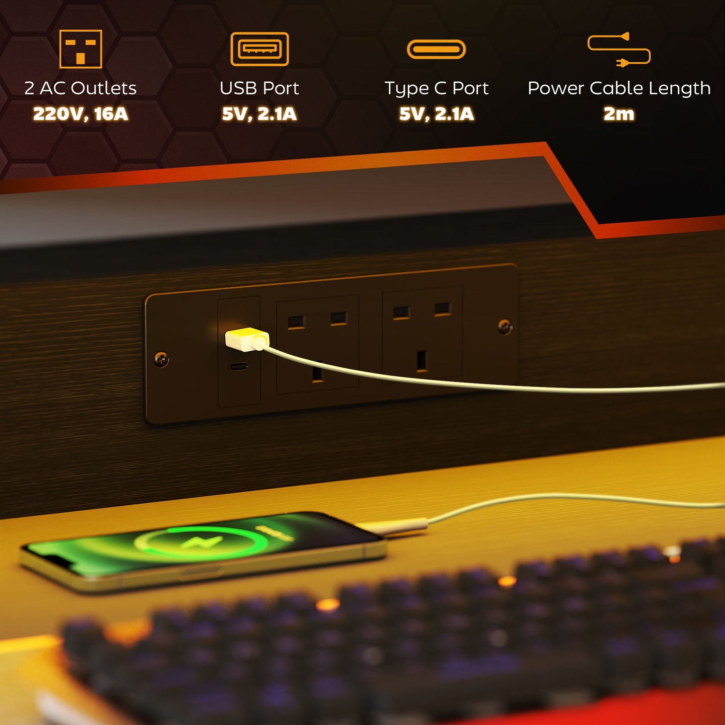 Biurko gamingowe HOMCOM z oświetleniem LED i gniazdami zasilania, 100 x 60 cm, biurko komputerowe w kształcie litery Z z podstawą pod monitor i stalową ramą, stół do gier na PC do domowego biura, czarny
