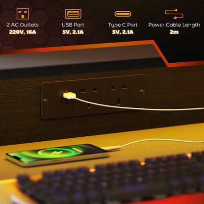Biurko gamingowe HOMCOM z oświetleniem LED i gniazdami zasilania, 100 x 60 cm, biurko komputerowe w kształcie litery Z z podstawą pod monitor i stalową ramą, stół do gier na PC do domowego biura, czarny