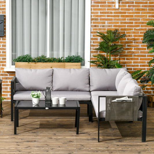 Outsunny 4-częściowy metalowy zestaw mebli ogrodowych ze stolikiem kawowym ze szkła hartowanego, przewiewna kieszeń z siatki, narożna sofa do rozmów na zewnątrz z wyściełanymi poduszkami, jasnoszary