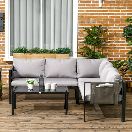 Outsunny 4-częściowy metalowy zestaw mebli ogrodowych ze stolikiem kawowym ze szkła hartowanego, przewiewna kieszeń z siatki, narożna sofa do rozmów na zewnątrz z wyściełanymi poduszkami, jasnoszary