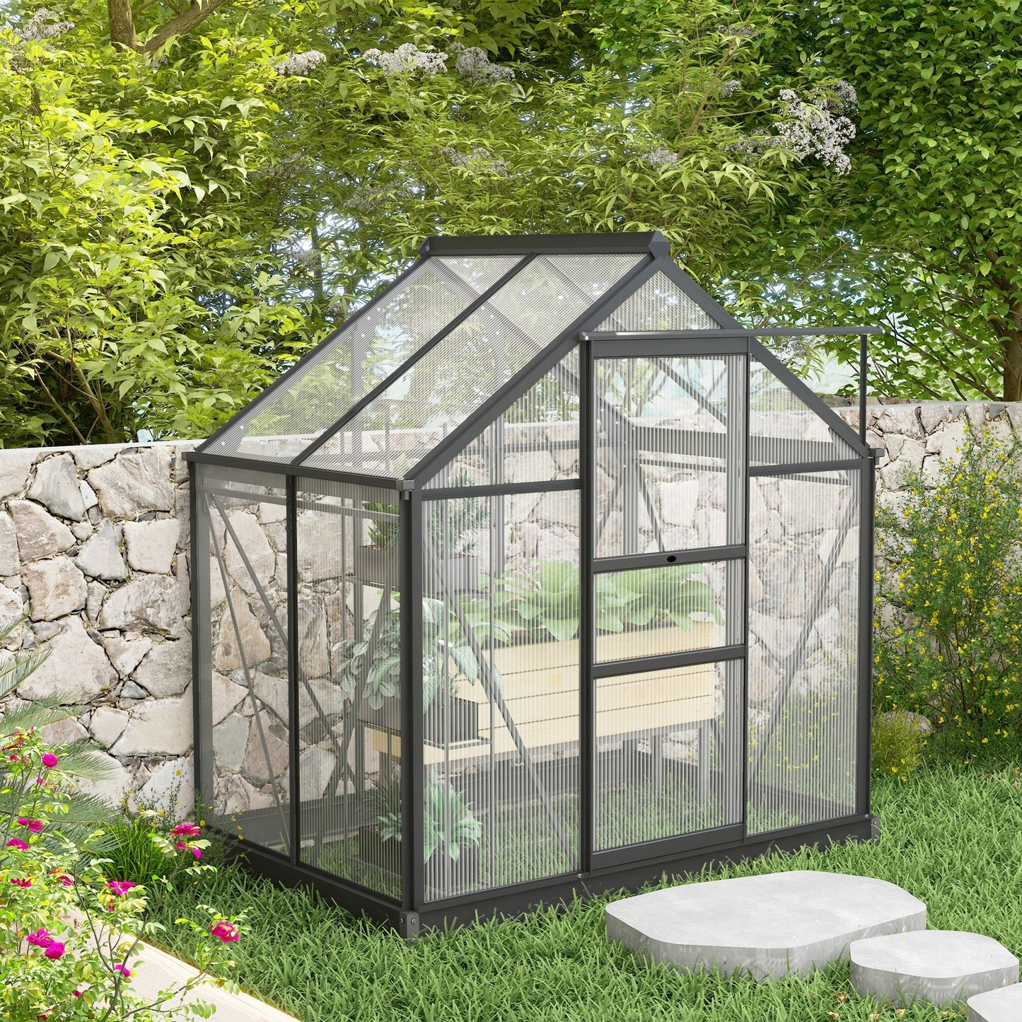 Outsunny 6 x 4ft Polycarbonate Greenhouse, Large Walk-In Green House with Slide Door and Window, Garden Plants Grow House with Aluminium Frame and Foundation, Grey