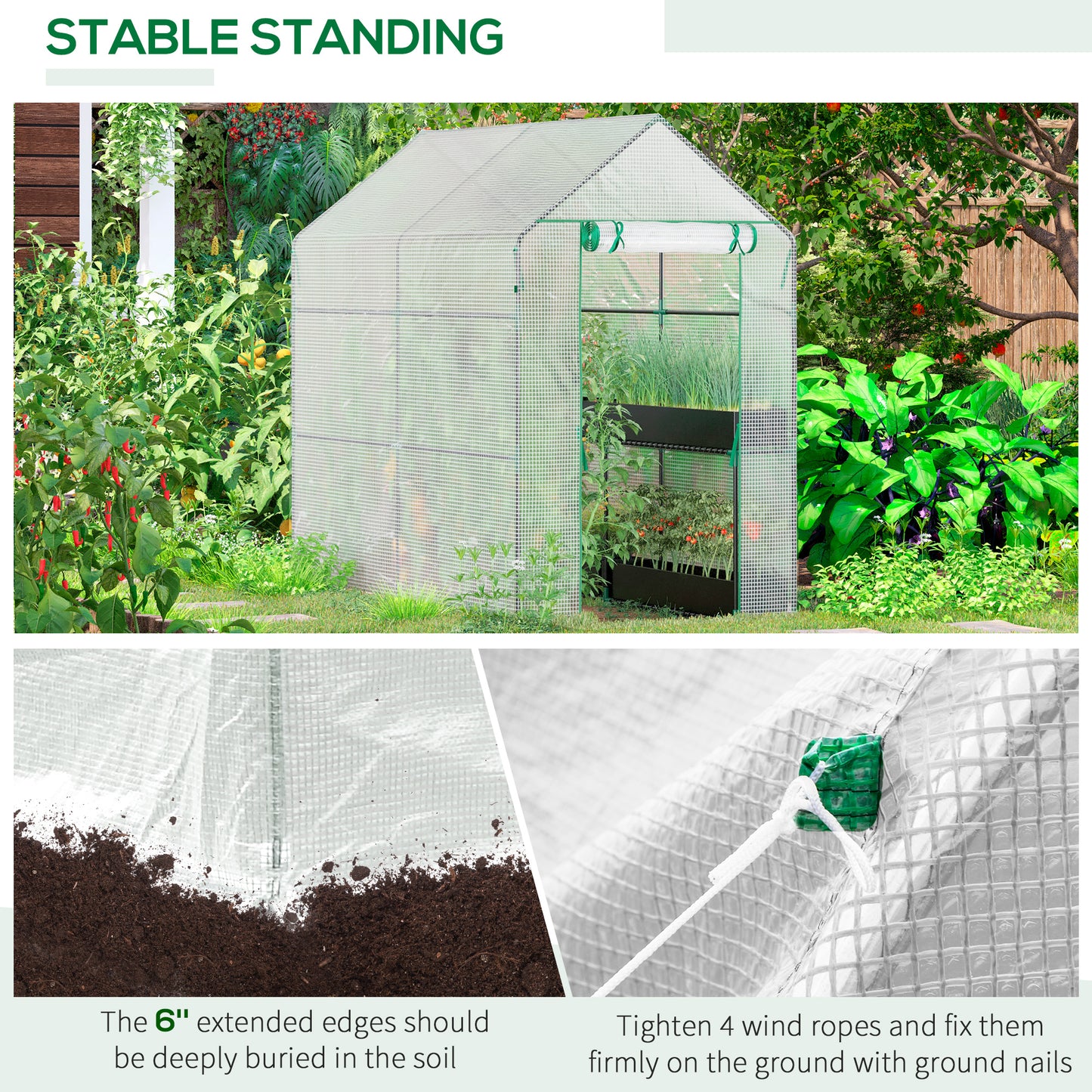 Outsunny Walk In Greenhouse z 2-poziomowymi półkami, zwijane drzwi z panelem Zip, ogrodowy tunel foliowy Steeple Grow House na zewnątrz, 6 x 4 x 6 stóp, biały