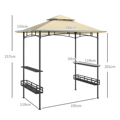 Outsunny 8' x 5' Grill Gazebo Canopy, dwupoziomowa zewnętrzna altana BBQ z 2 bocznymi półkami, kosze do przechowywania, hak do ogrodu, na patio, na grilla, na piknik, beżowy