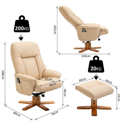 HOMCOM 10-Point Massage Sofa Armchair Chair PU Leather W/ Footrest Stool Heat Recliner Beige