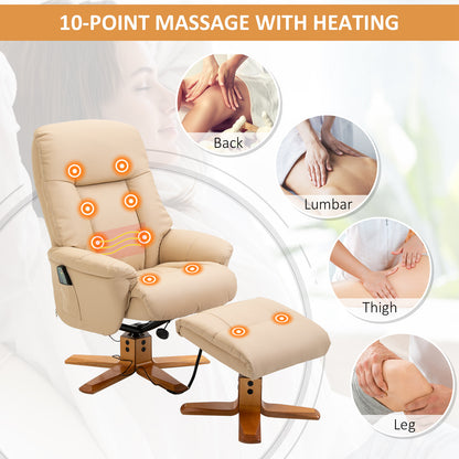 HOMCOM 10-Point Massage Sofa Armchair Chair PU Leather W/ Footrest Stool Heat Recliner Beige