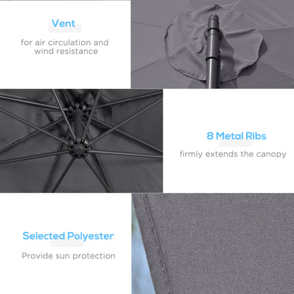 Outsunny 3(m) Garden Parasol Sun Shade Patio Banana Hanging Umbrella Cantilever with Crank Handle and Cross Base Grey