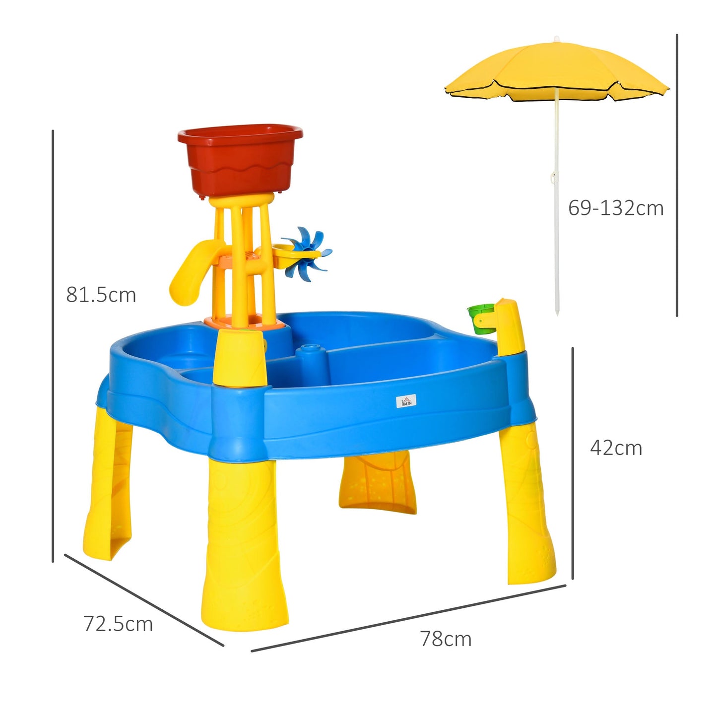 2 in 1 Sand and Water Table w/ Accessories, Adjustable Parasol - Multicoloured