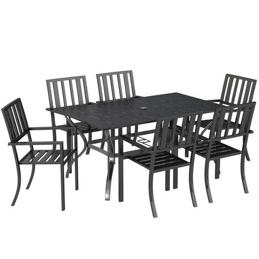 Outsunny 7 Pieces Garden Table and Chairs 6 Seater Outdoor Table and Chairs with Umbrella Hole, for Poolside, Garden, Black