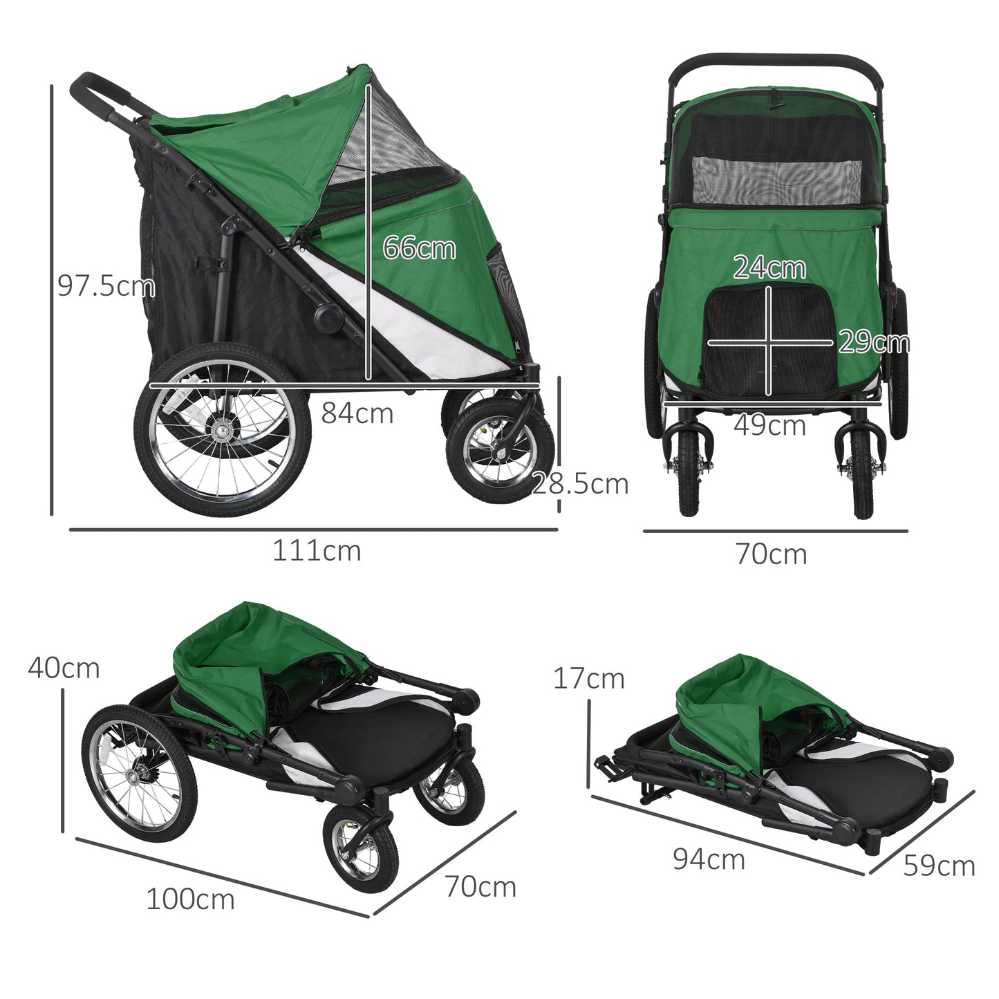 PawHut Foldable Pet Stroller with Washable Cushion, Storage Bags, Safety Leash for Medium and Large Dogs Cats Travel, Dark Green