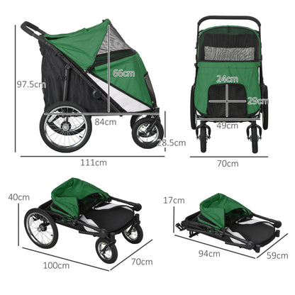 PawHut Foldable Pet Stroller with Washable Cushion, Storage Bags, Safety Leash for Medium and Large Dogs Cats Travel, Dark Green