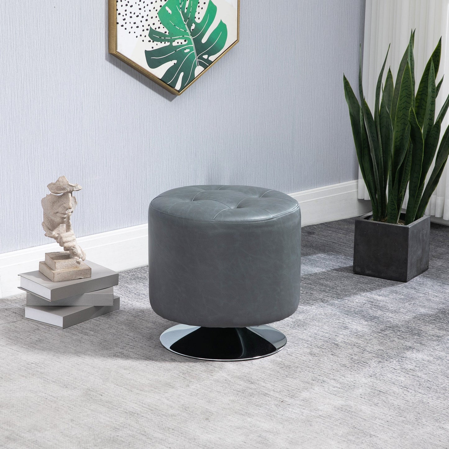 HOMCOM 360¡ Swivel Foot Stool Round PU Ottoman with Thick Sponge Padding and Solid Steel Base, Grey