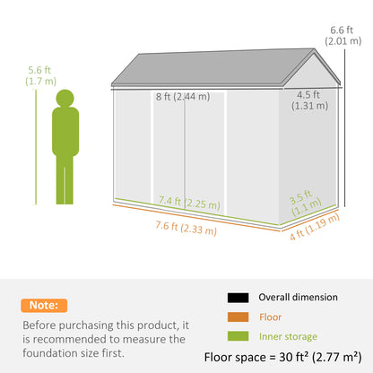 Outsunny 8 x 4 ft Plastic Garden Shed, Wood-Effect Outdoor Storage Shed with Floor, Windows, Lockable Doors and Vents, Light Grey