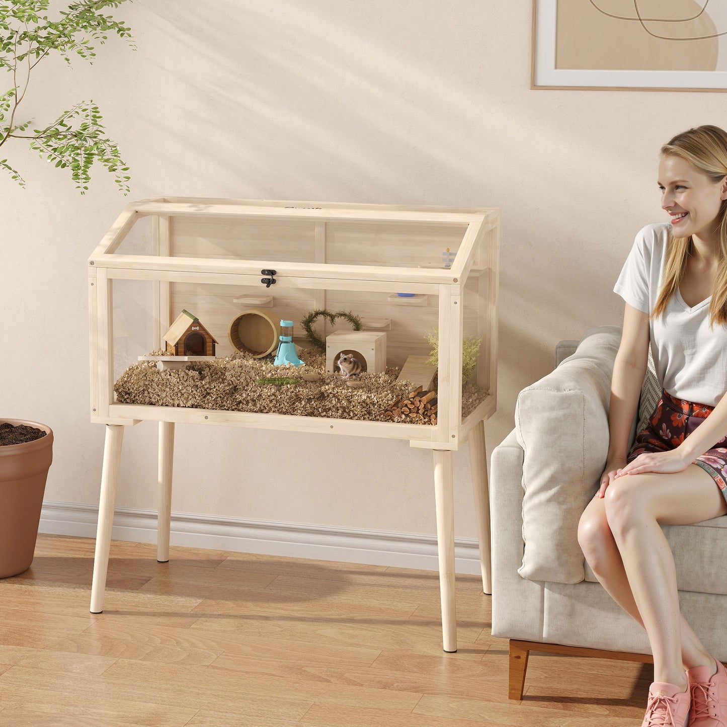 PawHut Wooden Hamster Cage, Hamster Habitat with Openable Top, Seesaws, Platforms, Water Bottle for Gerbils, 110 x 52 x 101 cm