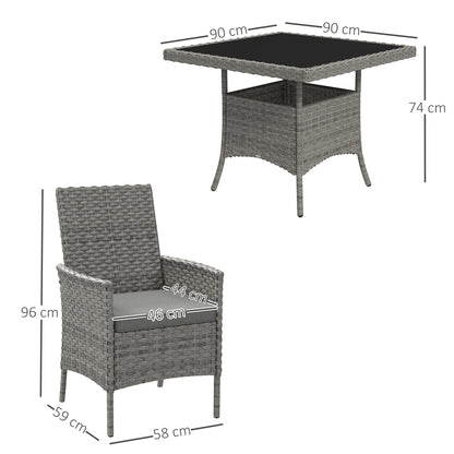Zestaw mebli ogrodowych Outsunny Rattan, stół jadalny i krzesła zewnętrzne 4-osobowe z poduszkami, kwadratowy blat ze szkła hartowanego, 4 fotele, na balkon, taras, do ogrodu zimowego, szary