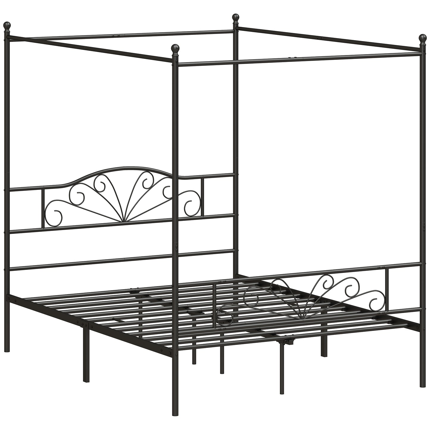 HOMCOM Canopy Bed Frame Double Size, Metal Platform Bed Frame with Headboard and Footboard, Underbed Storage, Black
