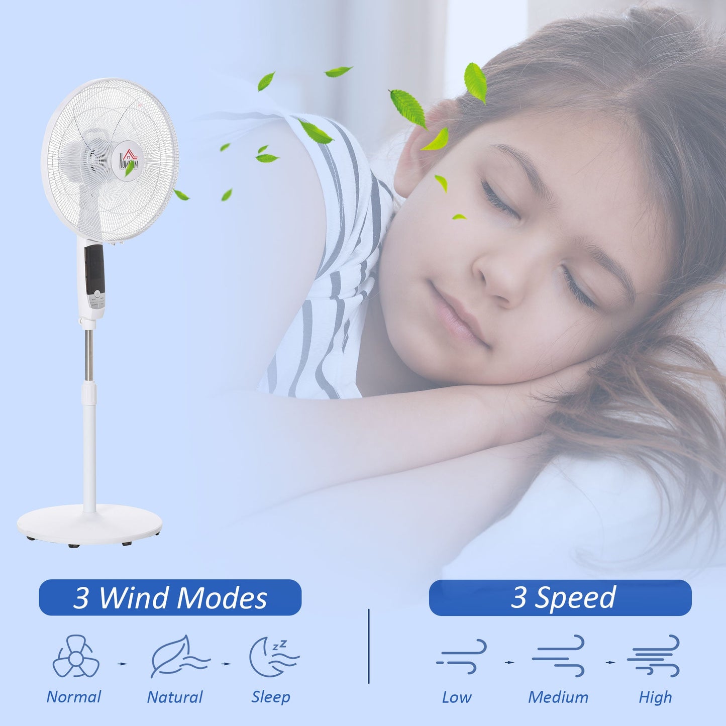 HOMCOM 16'' Pedestal Stand Fan, 3 Speed 3 Mode, 85Â° Oscillation, LED Panel, 3M Remote Controller, Height Adjustable for Living Room, Bedroom, Garage, Office, Black and White