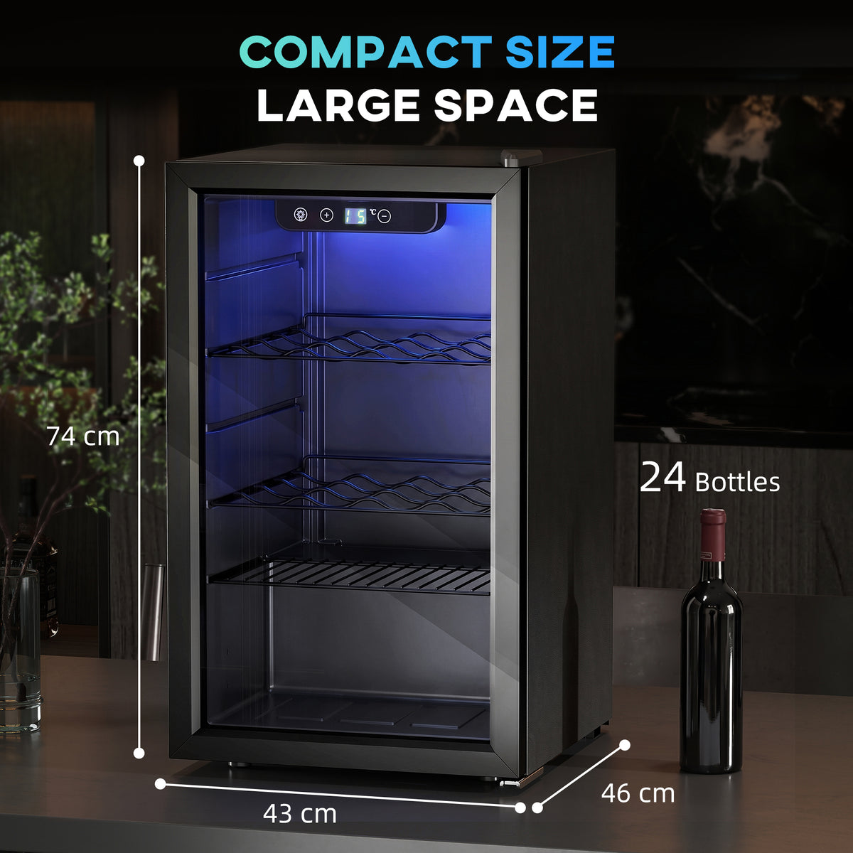 HOMCOM 24 Bottle Wine Cooler, 68 Litre Capacity, 4-16°C Freestanding Drinks Wine Fridge with Glass Door, Black